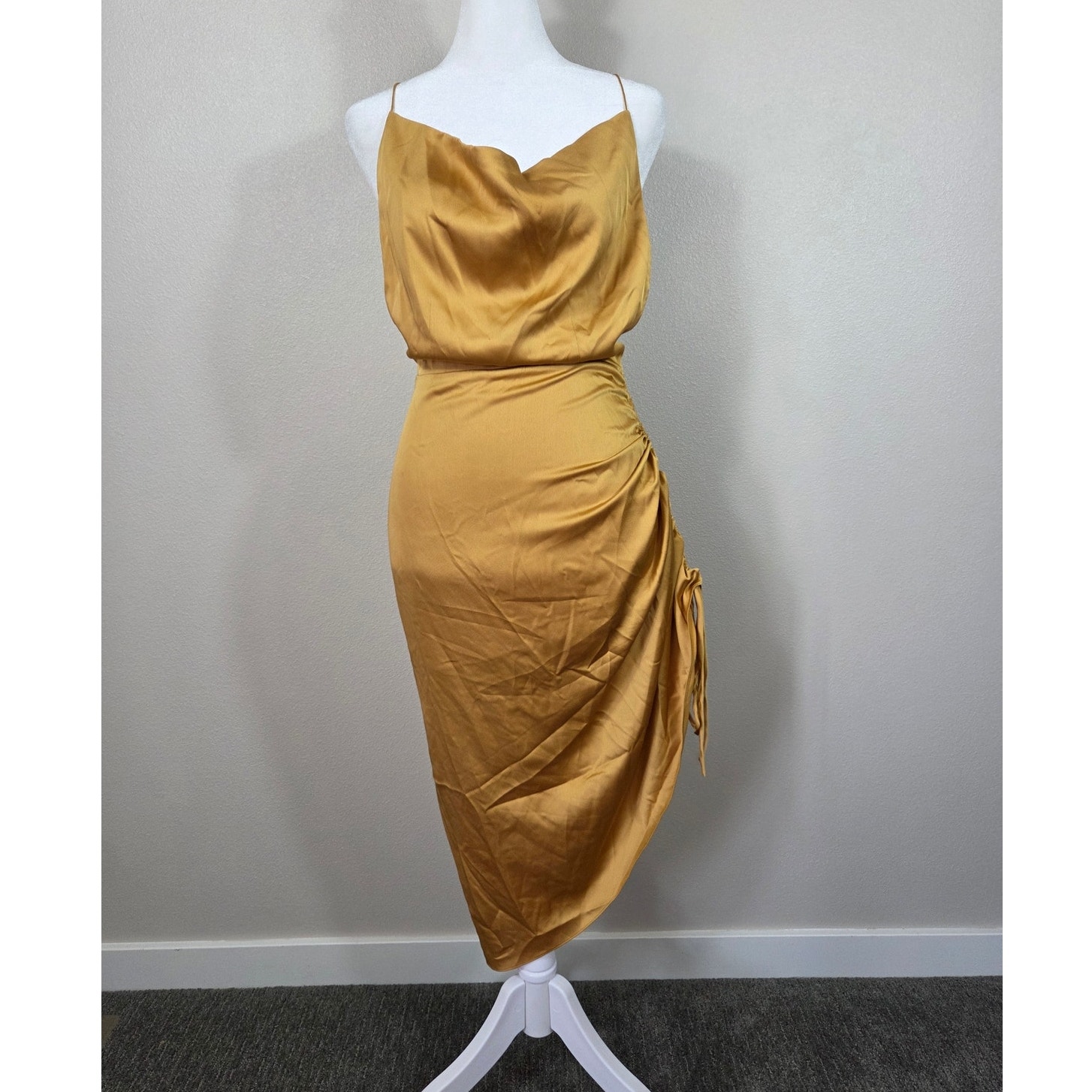 21six Couture Luxury Gold Satin Cowl Neck Asymmetrical Midi Slip Dress Small — image 5 of 8